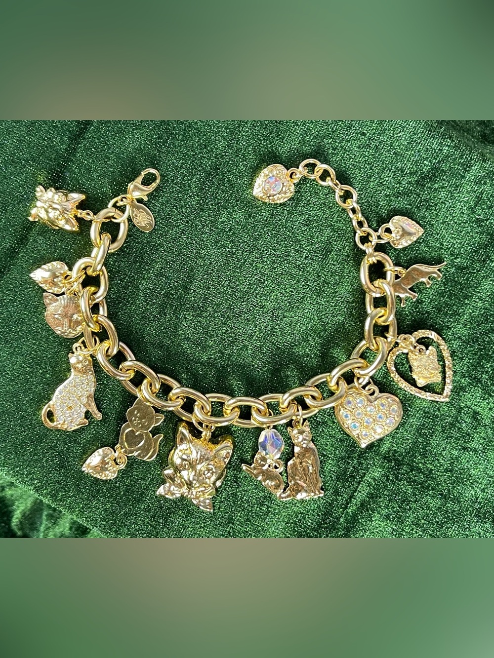 Vintage 1990's Kirk's Folly signed cat-themed charm bracelet added 8” extender